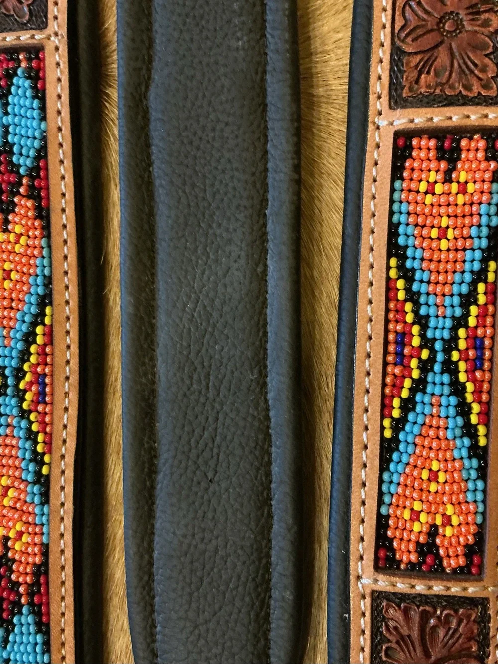 Handcrafted Leather Dog Collar with Turquoise & Orange Beadwork